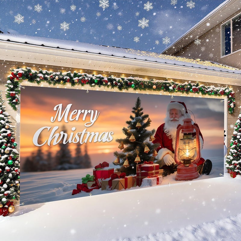 THISFIND Christmas Garage Door Banner with Santa Claus and Christmas Tree – Holiday Garage Mural Cover with Oil Lantern, Gifts, and Sunset Snow Scene – Outdoor Winter Decoration for Home - Image 3